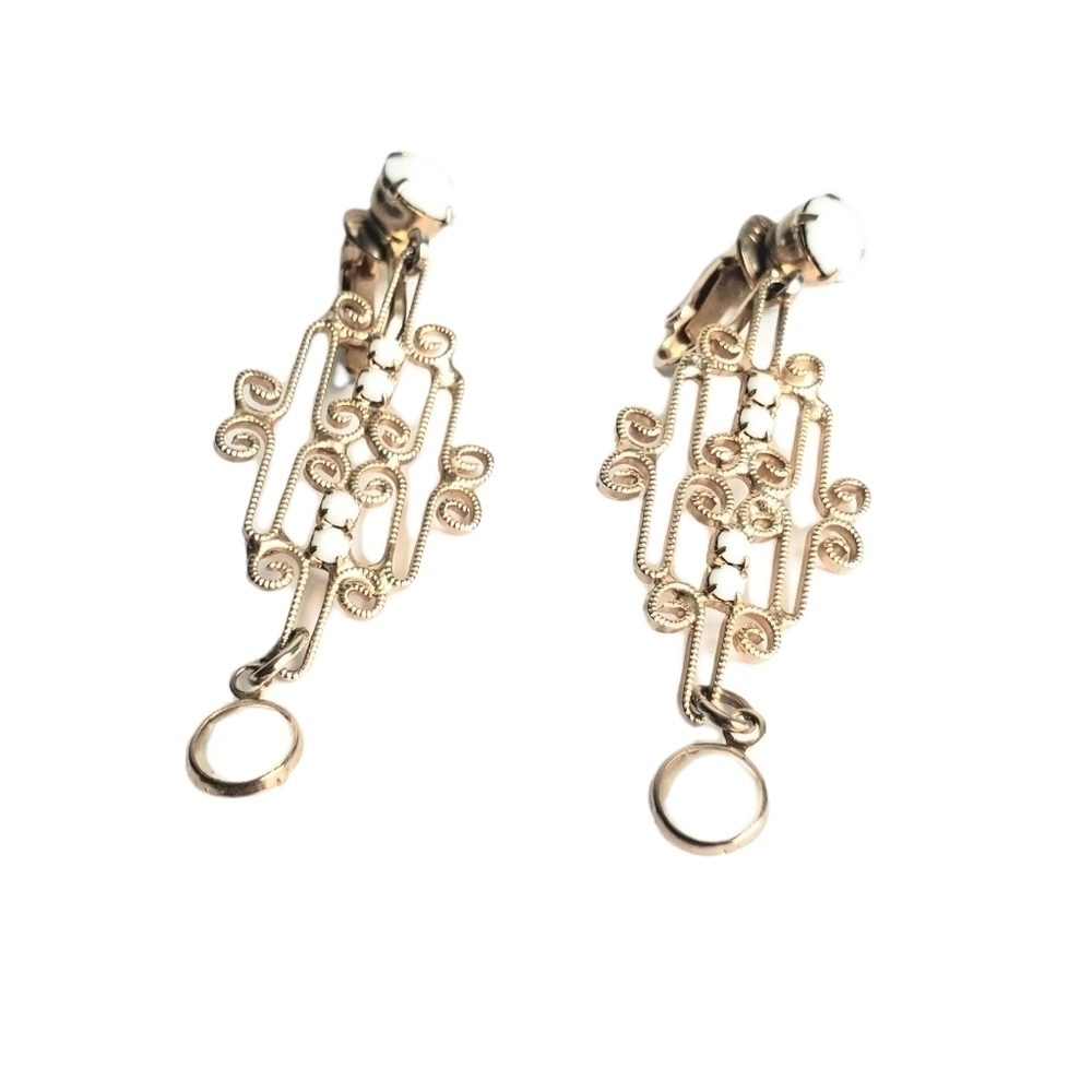 Vintage Gold & White Drop Earrings 60s Scroll Filagree Clip-On